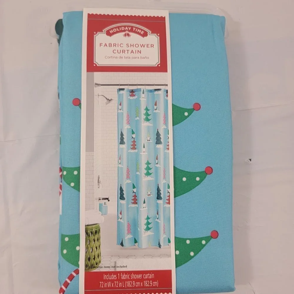 Holiday Time CHRISTMAS TREES AND GNOMES Fabric Shower Curtain – 72” x 72”